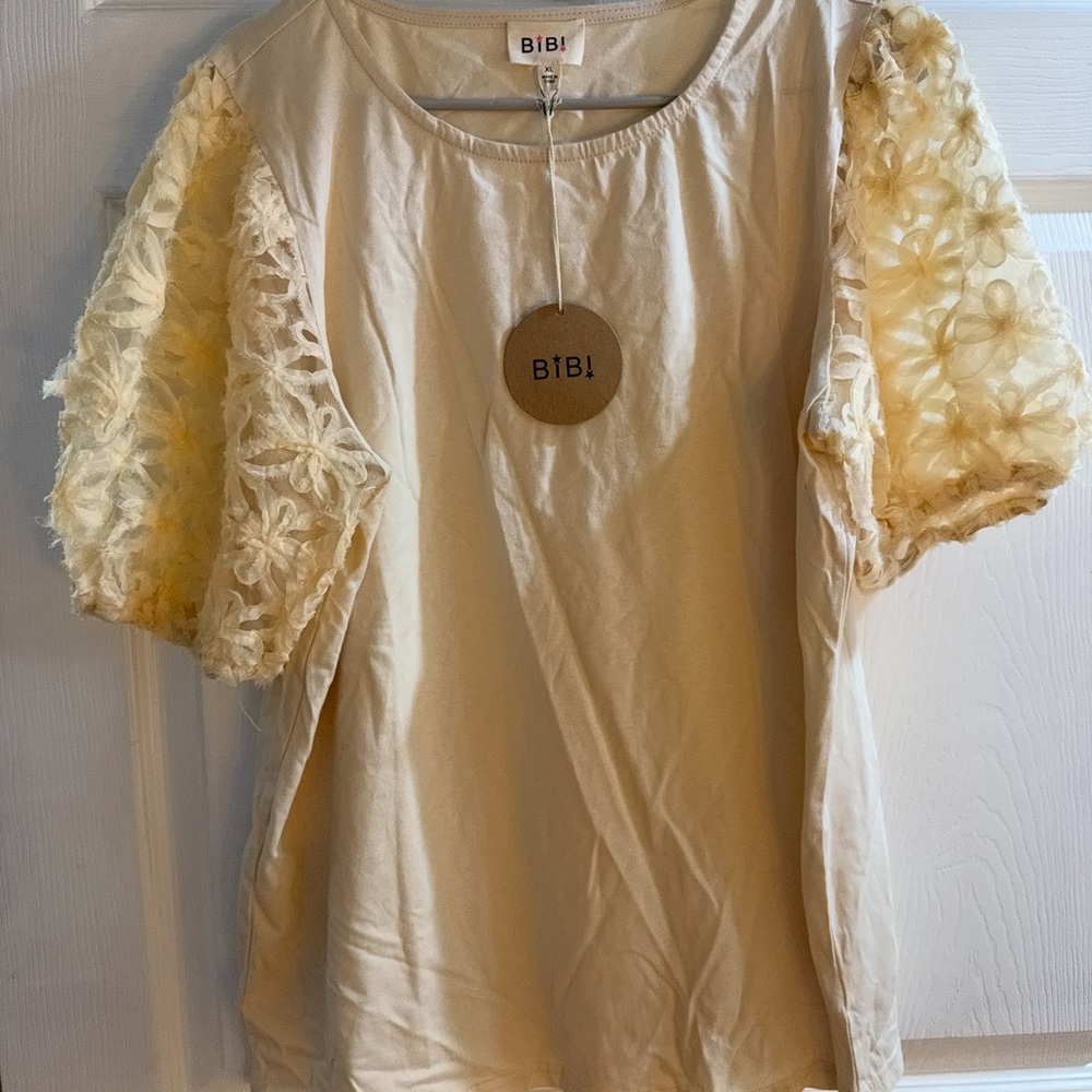 BiBi Beige Top with Floral Lace Sleeves